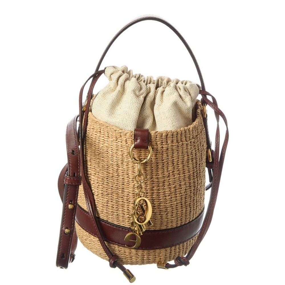 Chloé Logo Straw Bucket Bag, Brown